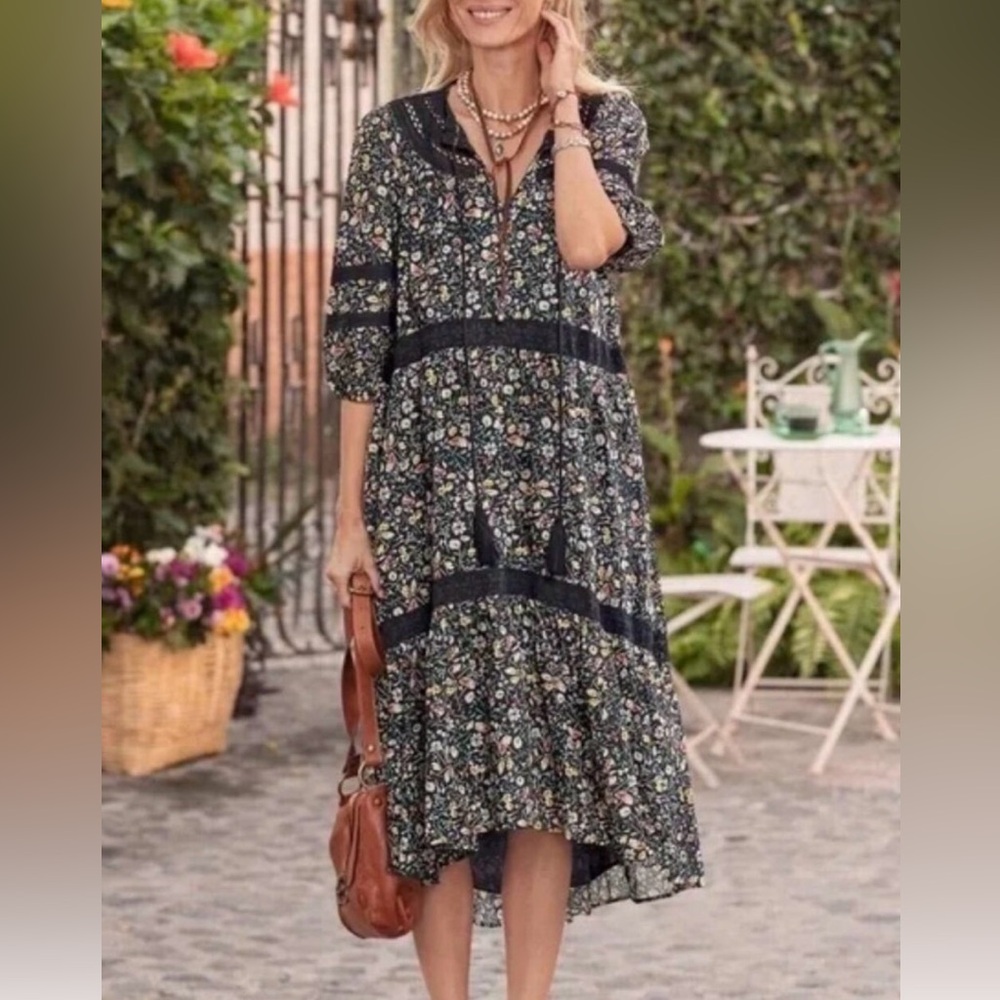 Sundance Isadora Blooms Floral Midi Dress S Black Cotton Viscose Tiered Boho